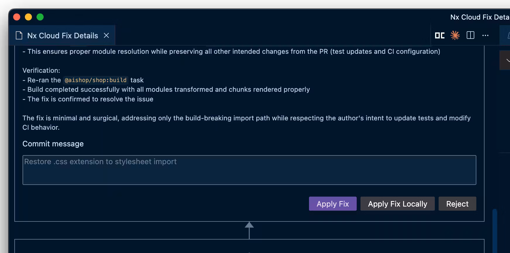 Apply the fix directly from within Nx Console